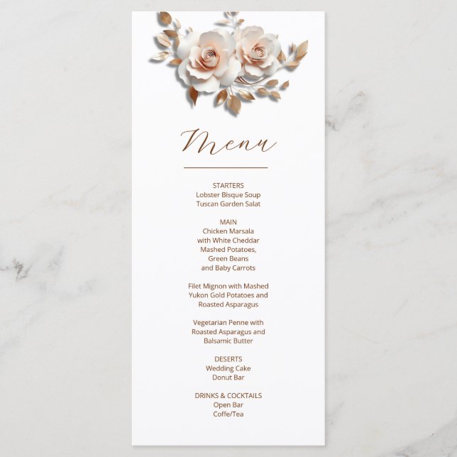 Menu Rose Gold Roses Sculptural 3D Flower Wedding (Frente)