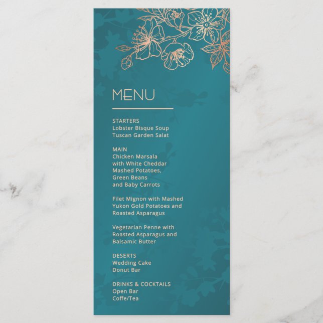 Menu Rose Gold Teal Floral Line Art Wedding (Frente)