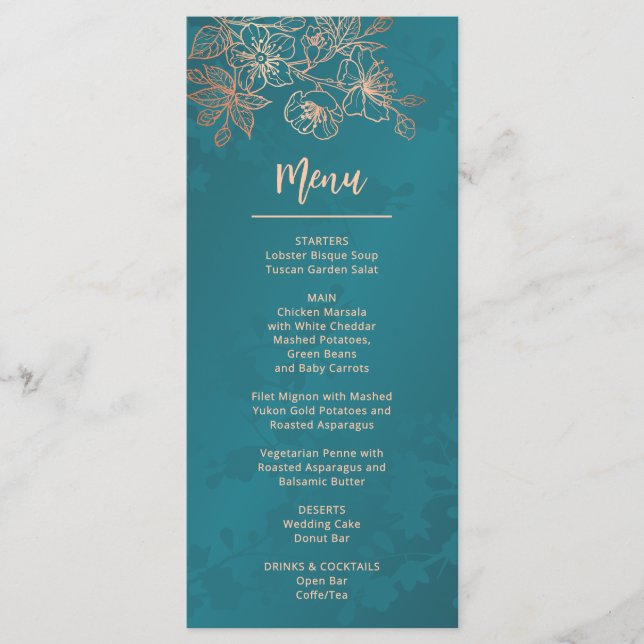 Menu Rose Gold Teal Floral Line Art Wedding (Frente)