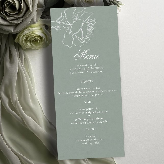 Menu Roses Vow Verde Salgueiro Moderno Clássico Casamen (sage green wedding theme menu card modern classic white roses floral frame formal traditional)