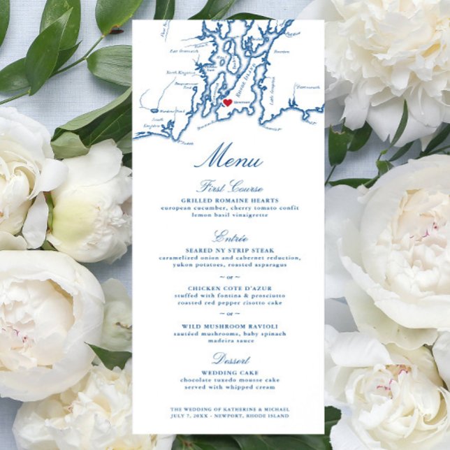 Menu Roteiro Elegante do Mapa da Ilha do Newport Rhode (Newport RI Wedding Menu with Elegant navy Blue Narragansett Bay Map from Coastal Map Designs)
