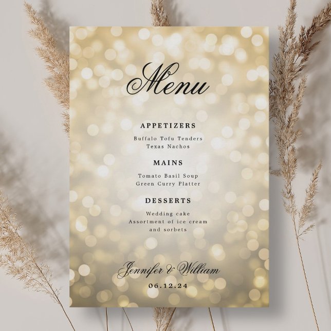 Menu Roteiro Elegante Luzes Douradas De Bokeh Romântica (Elegant Script Romantic Wedding Gold Bokeh Lights Menu)
