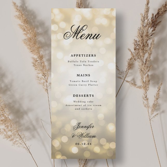 Menu Roteiro Elegante Luzes Douradas De Bokeh Romântica (Elegant Script Romantic Wedding Gold Bokeh Lights Menu)