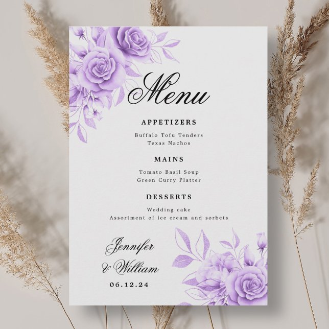 Menu Roteiro Elegante Romântico Casamento Roxo Floral (Elegant Script Romantic Wedding Purple Floral Menu)
