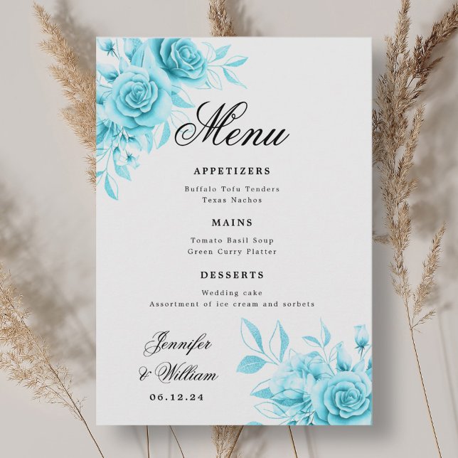 Menu Roteiro Elegante Turquesa Floral Romântica De Casa (Elegant Script Romantic Wedding Turquoise Floral Menu)