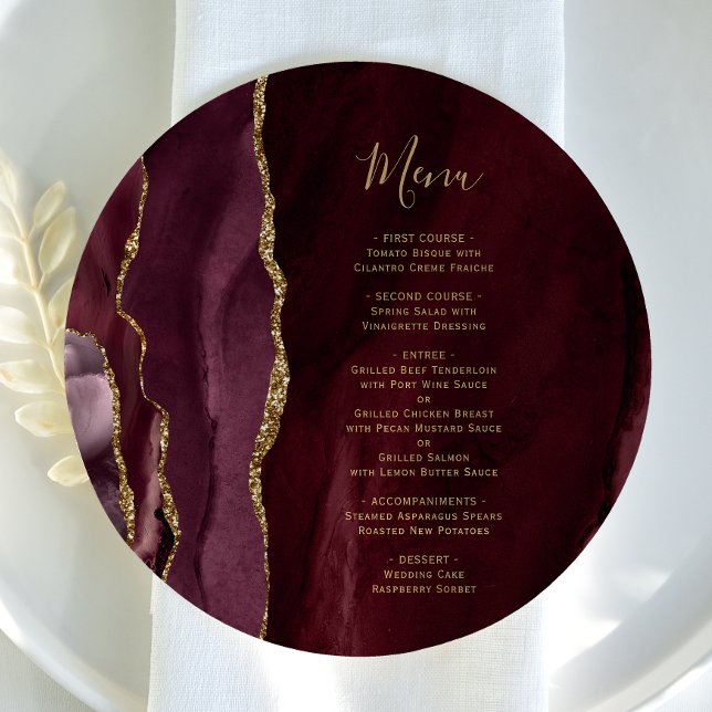 Menu Round Burgundy Gold Agate Wedding (Criador carregado)