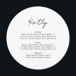 Menu Round de Casamento de Nome Simples e Minimali<br><div class="desc">Adicione seus nomes de convidado e detalhes do menu. Pode ser totalmente personalizado para atender às suas necessidades >> cor de fundo,  cor/estilo da fonte e cor de arco podem ser alterados de acordo com sua preferência. © Gorjo Designs. Feito para você através da plataforma Zazzle.</div>