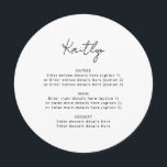 Menu Round de Casamento de Nome Simples e Minimali<br><div class="desc">Adicione seus nomes de convidado e detalhes do menu. Pode ser totalmente personalizado para atender às suas necessidades >> cor de fundo,  cor/estilo da fonte e cor de arco podem ser alterados de acordo com sua preferência. © Gorjo Designs. Feito para você através da plataforma Zazzle.</div>