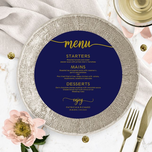 Menu Round Wedding Simples Elegante Marinho Dourad (Criador carregado)