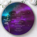 Menu Roxo Cósmico Prata Teal Sun Lua Stars Casamento<br><div class="desc">Cartões de Menu de Casamento do Espaço Teal Prateado Roxo Cósmico Possui estrelas prateadas simples sobre um fundo cósmico roxo colorido, teal e azul com detalhes de menu no centro em um roteiro moderno de caligrafia branca. Personalize editando o texto nas caixas de texto fornecidas. Projetado para você pelo Evco...</div>