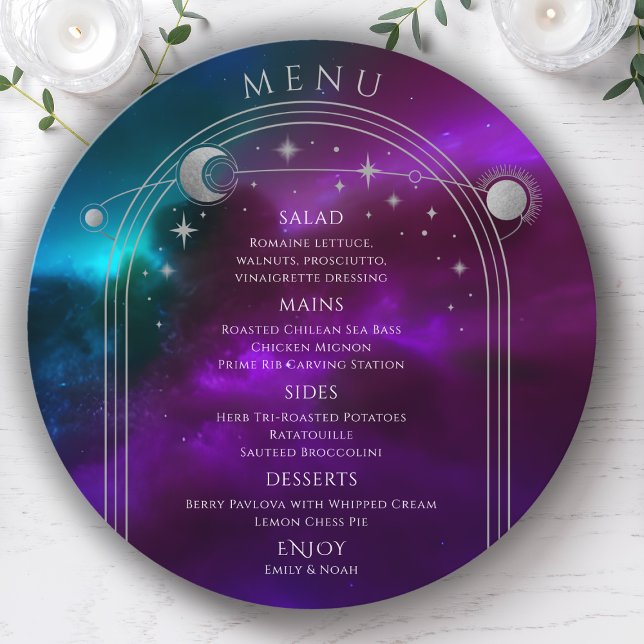Menu Roxo Cósmico Prata Teal Sun Lua Stars Casamento (Criador carregado)
