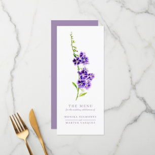 Menu roxo do casamento da aguarela da flor do céu