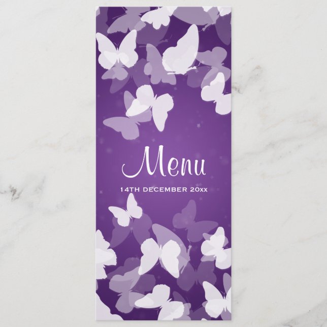 Menu roxo do casamento das borboletas (Frente)