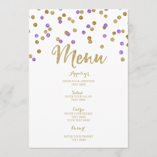 Menu roxo Dourado do casamento dos confetes (Frente)
