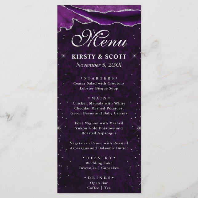Menu Roxo e Prata  Casamento de Ágata Falso Brilho (Frente)