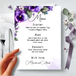 Menu Roxo e Prata com Tema Floral em Marfim 