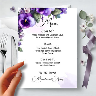 Menu Roxo e Prata com Tema Floral em Marfim 