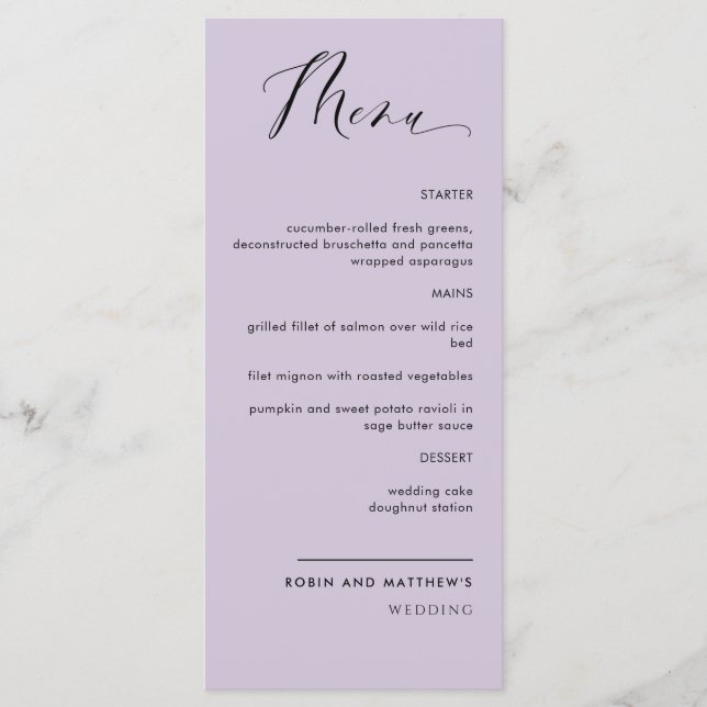 Menu Roxo Elegante, Casamento Calliográfico / Recepção (Frente)