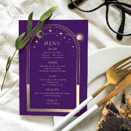 Menu Roxo Místico Dourado Sol Lua Estrelas Casamento
