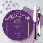 Menu Roxo Místico Dourado Sol Lua Solar Estende Casamen<br><div class="desc">Mística Roxo Dourada Sol Lua Espacial Cartões Cartões de Menu de Casamento Ouro, Lua e Estrelas se enquadram em um fundo roxo com detalhes de menu no centro em um moderno roteiro de caligrafia dourada. Personalize editando o texto nas caixas de texto fornecidas. Projetado para você pelo Evco Studio ©...</div>