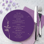 Menu Roxo Místico Dourado Sol Lua Solar Estende Casamen<br><div class="desc">Mística Roxo Dourada Sol Lua Espacial Cartões Cartões de Menu de Casamento Espacial apresentam estrelas douradas simples sobre um fundo roxo com os detalhes do menu no centro em um script de caligrafia dourada moderno. Personalize editando o texto nas caixas de texto fornecidas. Projetado para você pelo Evco Studio ©...</div>