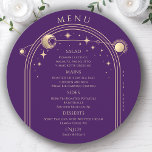 Menu Roxo Místico Dourado Sol Lua Solar Estende Casamen<br><div class="desc">Mística Roxo Dourada Sol Lua Espacial Cartões Cartões de Menu de Casamento Ouro, Lua e Estrelas se enquadram em um fundo roxo com detalhes de menu no centro em um moderno roteiro de caligrafia dourada. Personalize editando o texto nas caixas de texto fornecidas. Projetado para você pelo Evco Studio ©...</div>