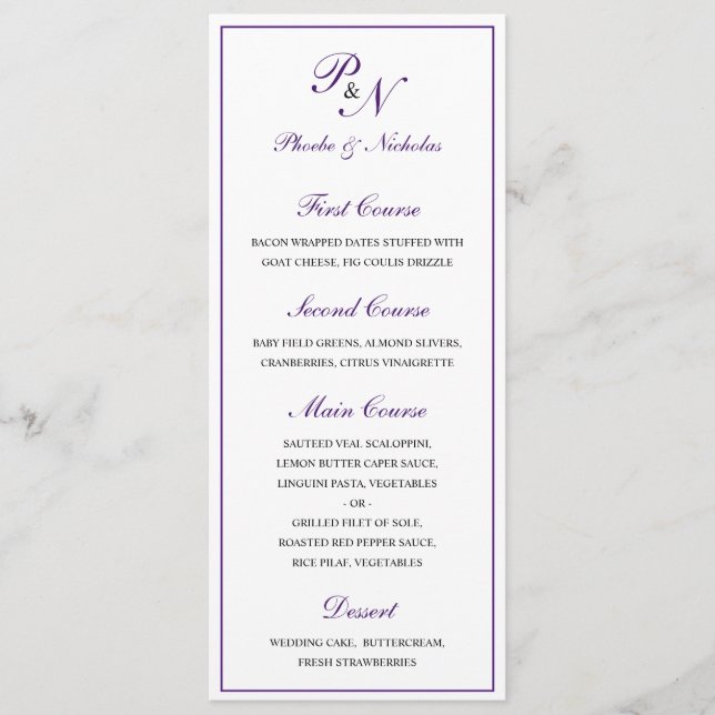 Menu Roxo Real Clássico Casamento Elegante (Frente)