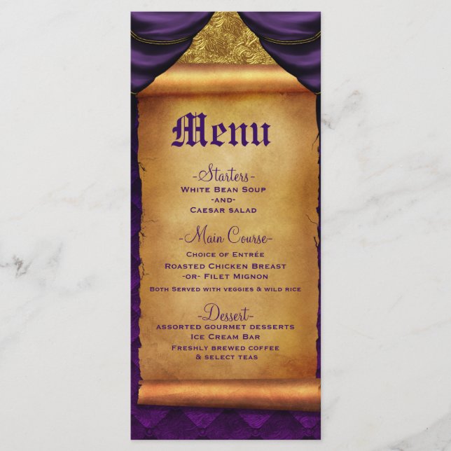 Menu Royal Purple Dourado Draps Scroll Wedding (Frente)