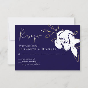 Menu RSVP de Casamento Dourado Azul de Marinho Ele