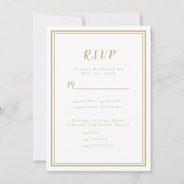 Menu RSVP de Casamento Minimalista Dourado e Branc (Frente)