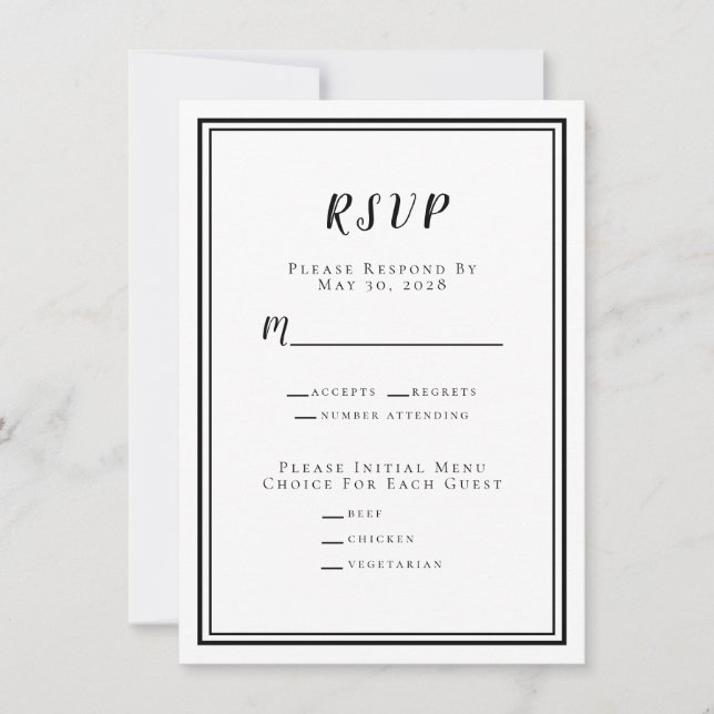 Menu RSVP de Casamento Minimalista Moderno Preto e (Frente)