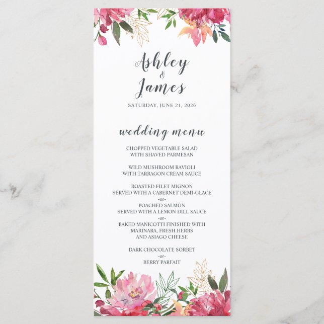 Menu Ruby Pink Peony Floral WedMenu (Frente)