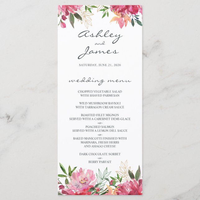 Menu Ruby Pink Peony Floral WedMenu (Frente)