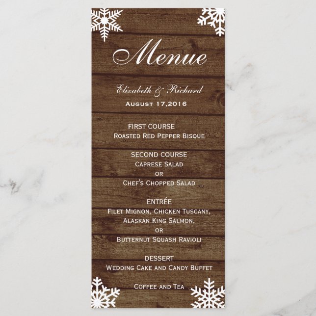 Menu Russo Casamento no inverno Barn Wood Snowflak (Frente)