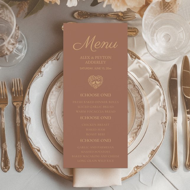 Menu Rust Burnt Orange Recepção de casamento Love Birds (Terracotta/burnt orange wedding reception menu)