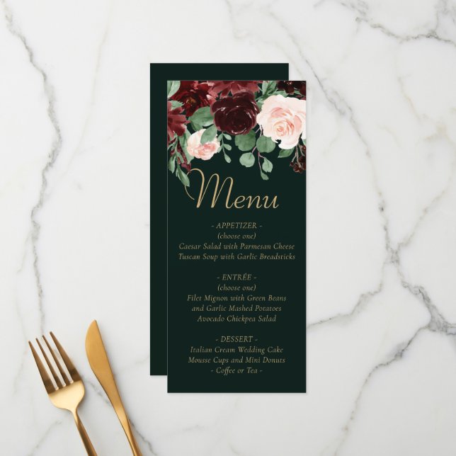 Menu Rustic Bloom | Terracotta e Marsala Red Floral (Frente/Verso In Situ)