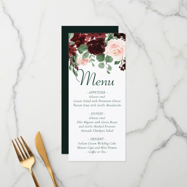 Menu Rustic Blooms | Terracotta e Marsala Red Garland (Frente/Verso In Situ)