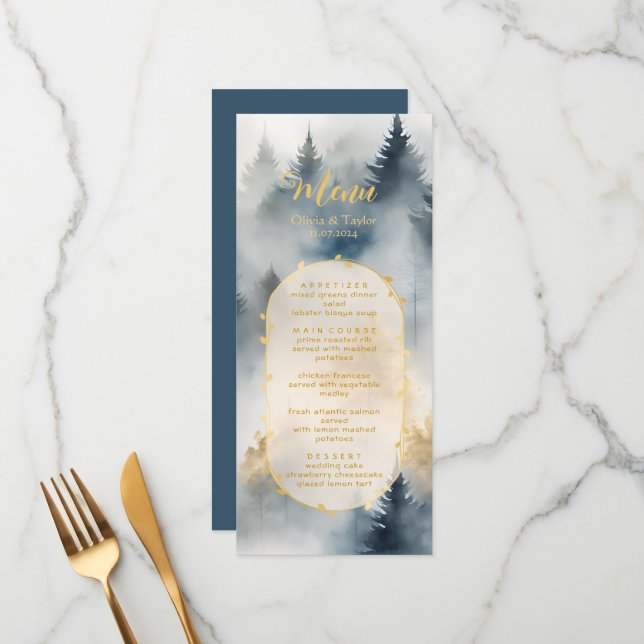 Menu Rustic Blue Pine Trees Forest Weding Menu (Frente/Verso In Situ)