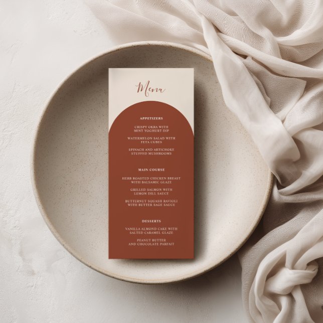 Menu Rustic Boho Terracotta Arches Retro Wedding Dinner (Criador carregado)