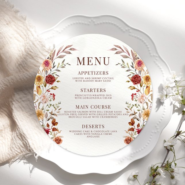 Menu Rustic Brown Fall Floral Wedding Round (Criador carregado)