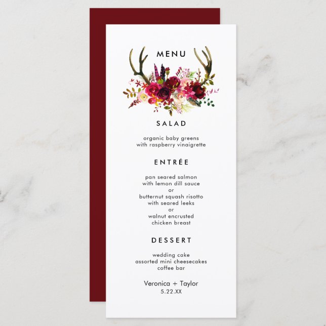 Menu Rustic Burgundy Antlers Simples 3  (Frente/Verso)