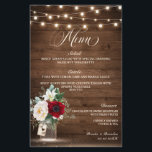 Menu Rustic Burgundy Floral Mason Jar Wdim<br><div class="desc">Luzes de cordas-de-campo russas e jarro de pedras com burgundy,  vermelha,  Marsala,  marrom,  marfim,  buquê floral de cor escamosa e folhas de eucalipto em cardápio de fundo de madeira. Entre em contato comigo para obter ajuda sobre a personalização ou se você precisar de outro produto com este design.</div>