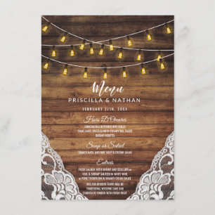 Menu Rustic Country String Lights Wood Lace Casamento