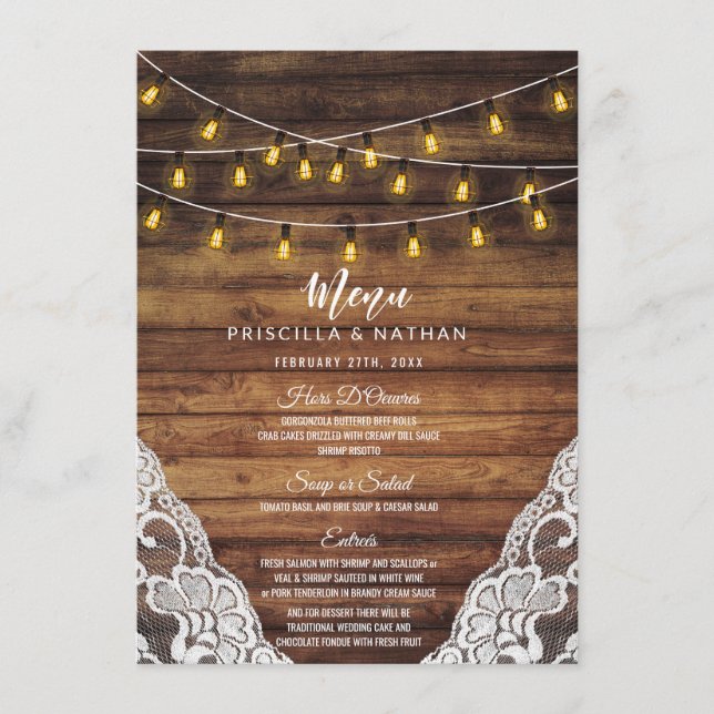 Menu Rustic Country String Lights Wood Lace Casamento (Frente)
