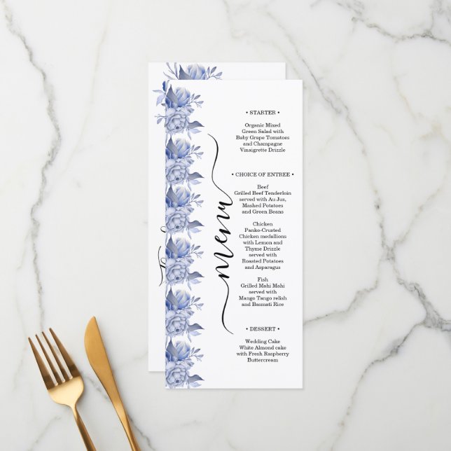 Menu rustic dusty blue roses and other flowers (Frente/Verso In Situ)