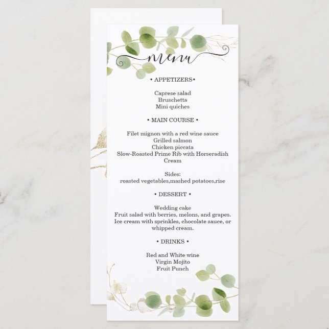 Menu Rustic Eucalyptus Greenery Gold Wedding Reception (Frente/Verso)