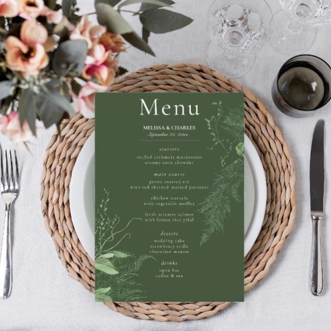 Menu Rustic Fern Green Foliage Emerald Wedding (Criador carregado)