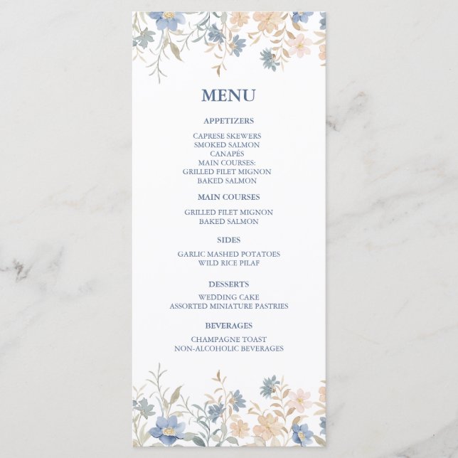 Menu Rustic Floral Boho Blue e Beige Wedding (Frente)