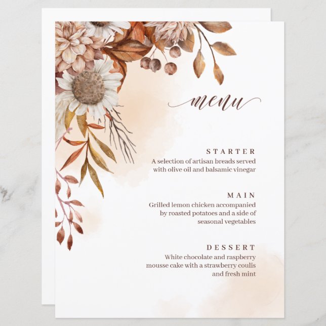 Menu Rustic Floral Casamento outono (Frente/Verso)