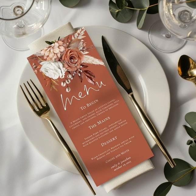 Menu Rustic Florals Pampas Grass Casou Terracotta (Criador carregado)